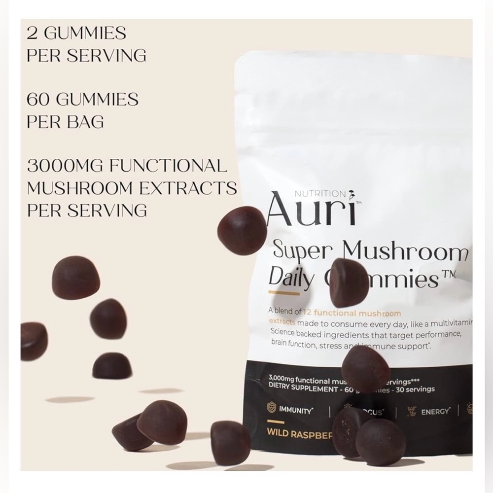 NEW Auri Super Mushroom Daily Gummies Wild Raspberry Brain Focus Wellness - Picture 4 of 6